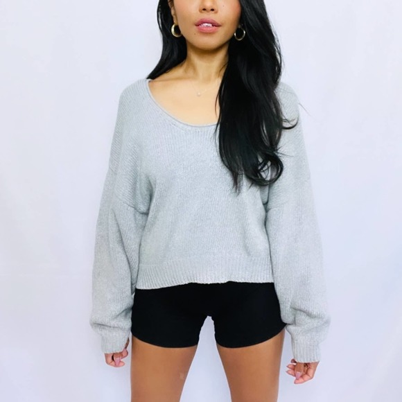 Free People | Grey 100% Cotton Cropped Oversized Drop Shoulder Sweater S - Picture 10 of 12